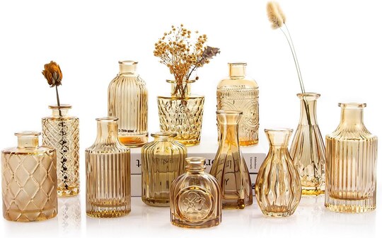 12pcs Glass Bud Vases Set - Mini Vintage Vases for Flowers, Color: Gold amber